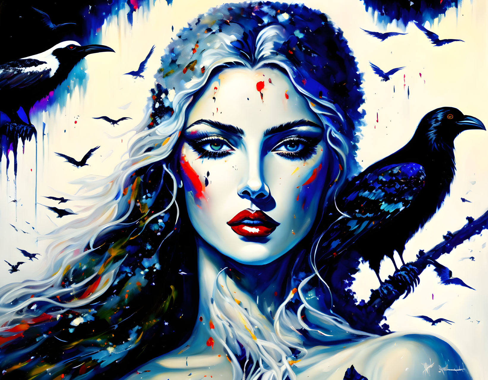 Colorful artwork of woman with flowing hair, ravens, blue and red hues