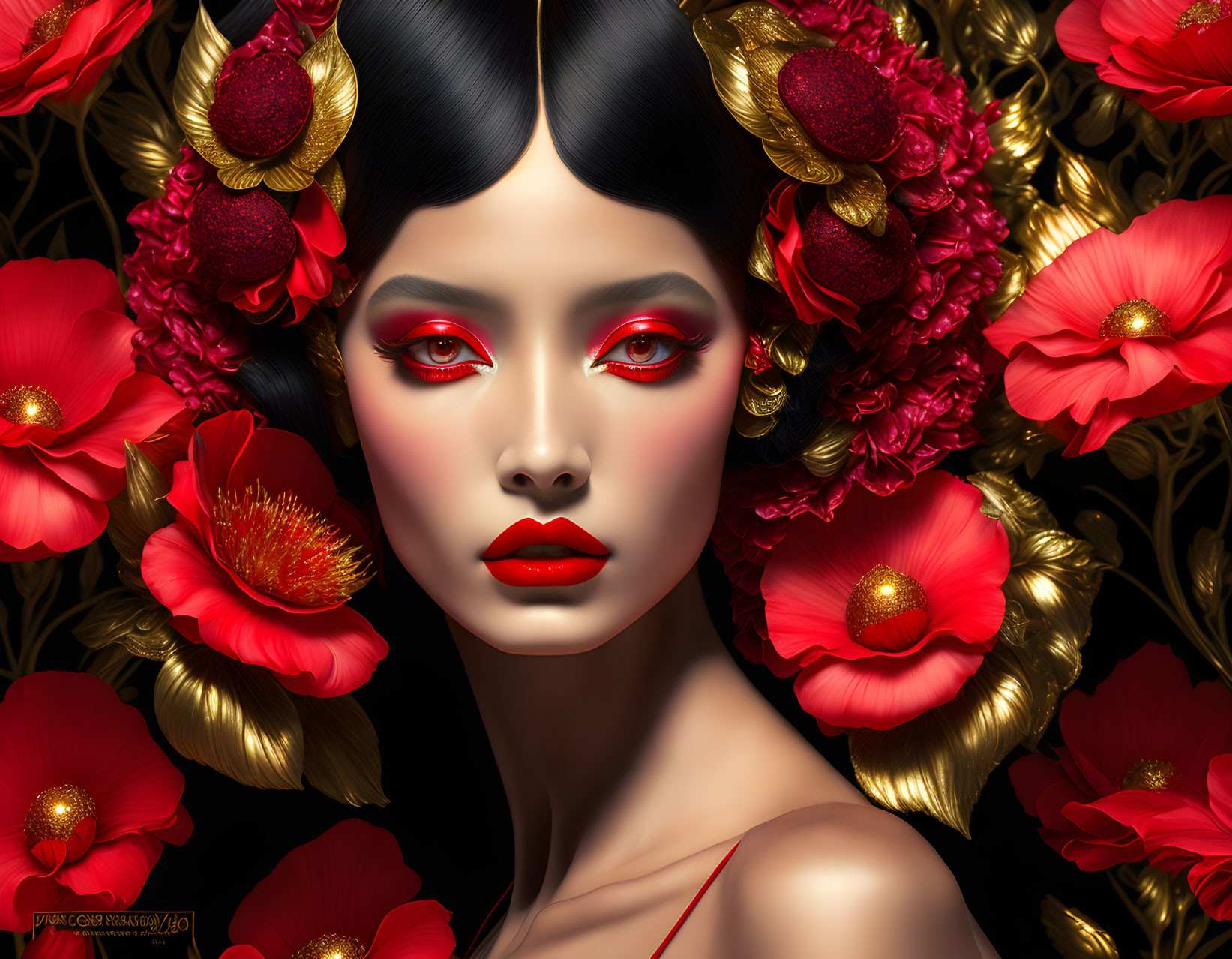 Digital Artwork: Woman with Red Makeup and Floral Hair on Dark Background