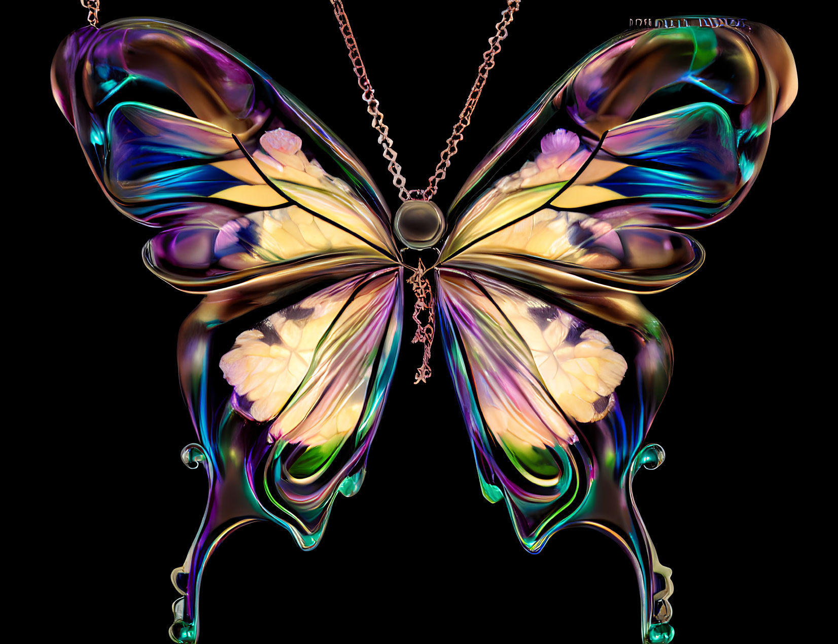 Colorful Butterfly Pendant on Copper Chain Against Black Background