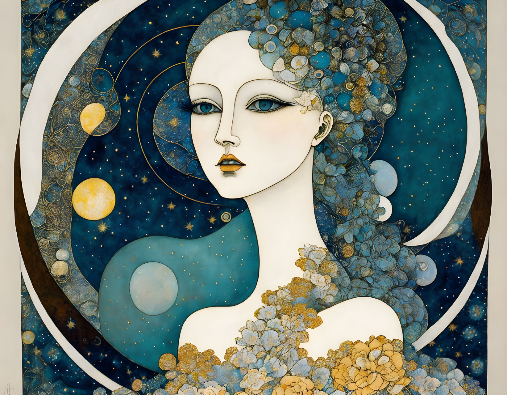 Celestial-themed woman painting with starry elements and floral accents