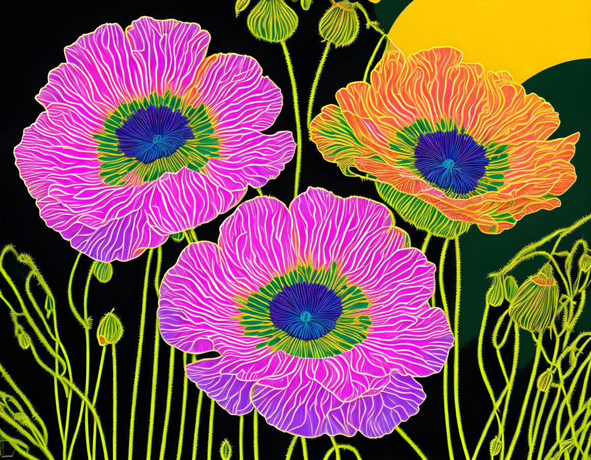 Colorful digital artwork: Pink and orange poppies with neon outlines on black background