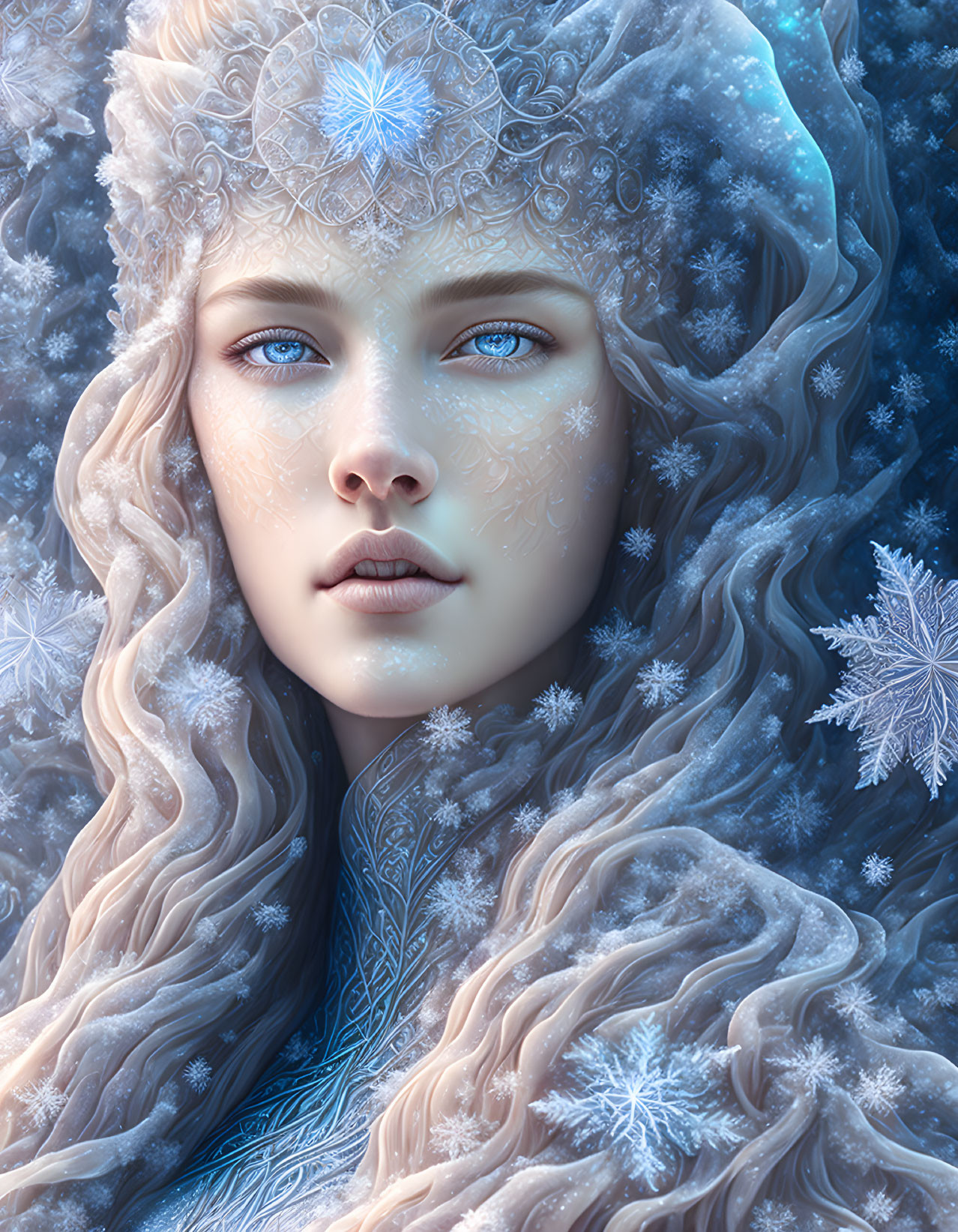 Detailed Illustration: Woman with Ice-Blue Eyes and Snowflake Adornments