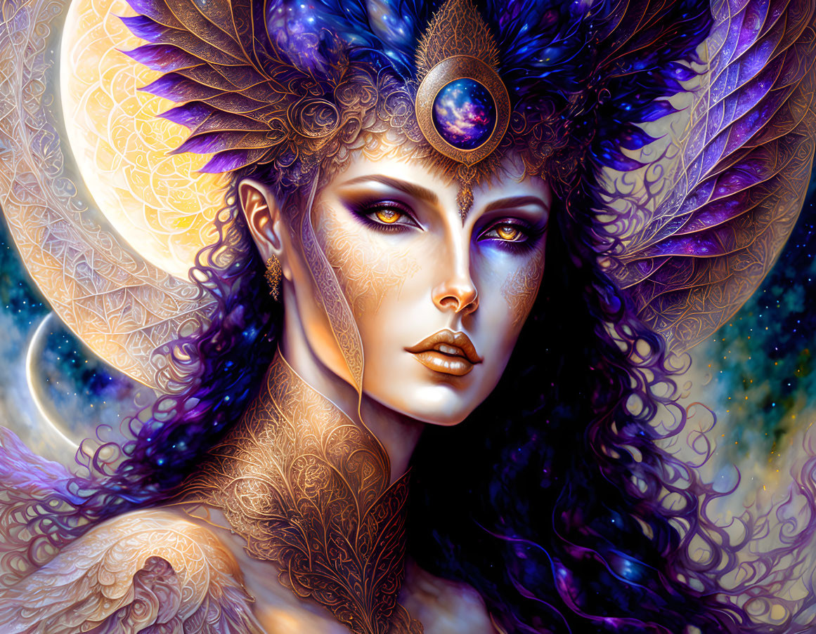 Fantasy artwork: Woman with golden headdress, celestial motifs, blue eyes, cosmic background