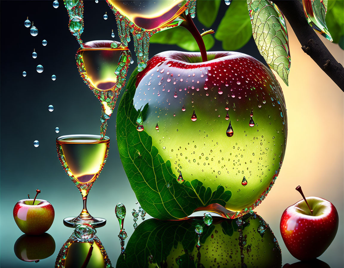 Fresh apples and swirling liquid in surreal scene on dark background