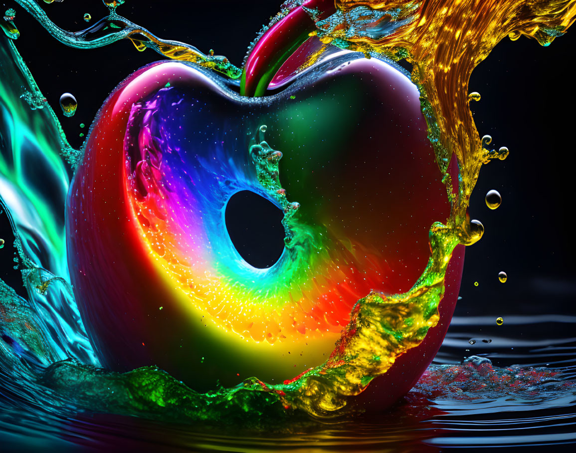 Vibrant apple with heart-shaped cutout in colorful liquid splash.