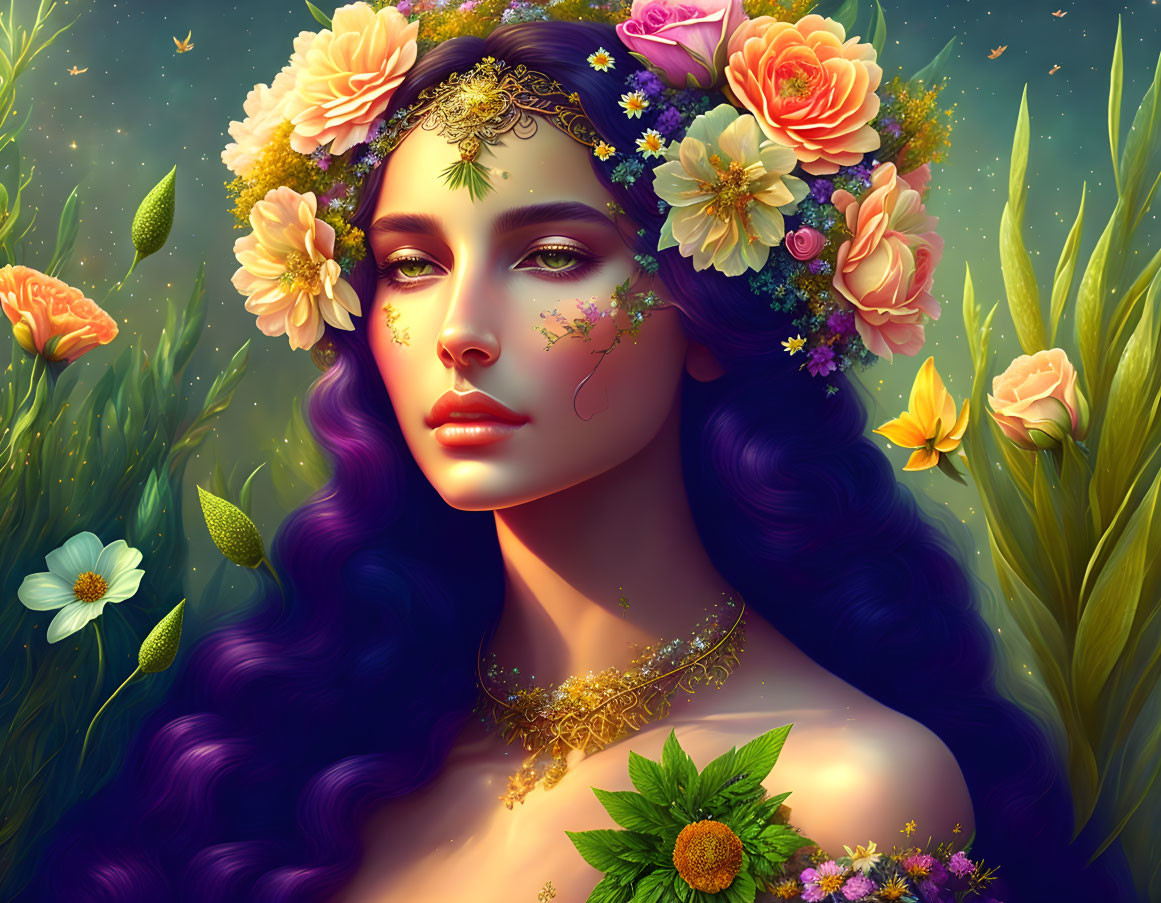 Woman with Purple Hair and Flower Crown in Lush Floral Setting