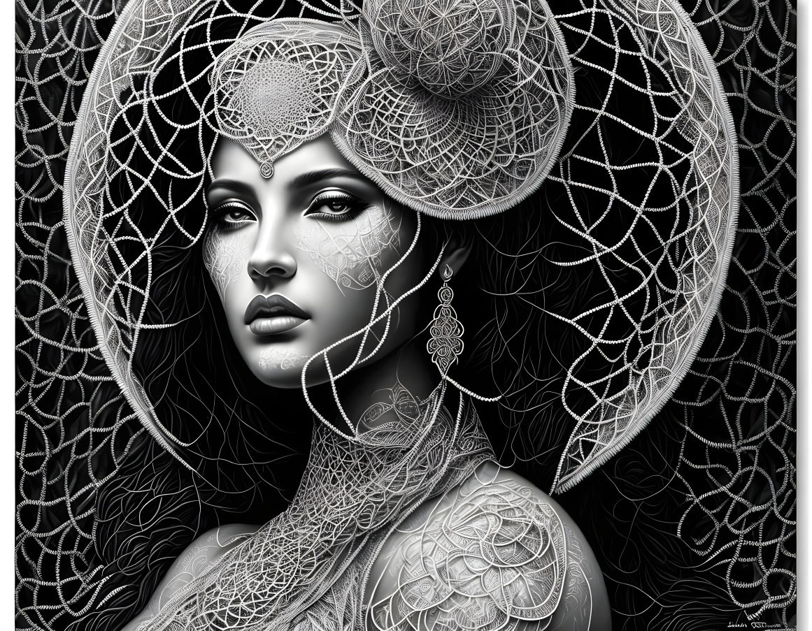 Monochromatic artwork of woman with lace-like head adornments and jewelry.