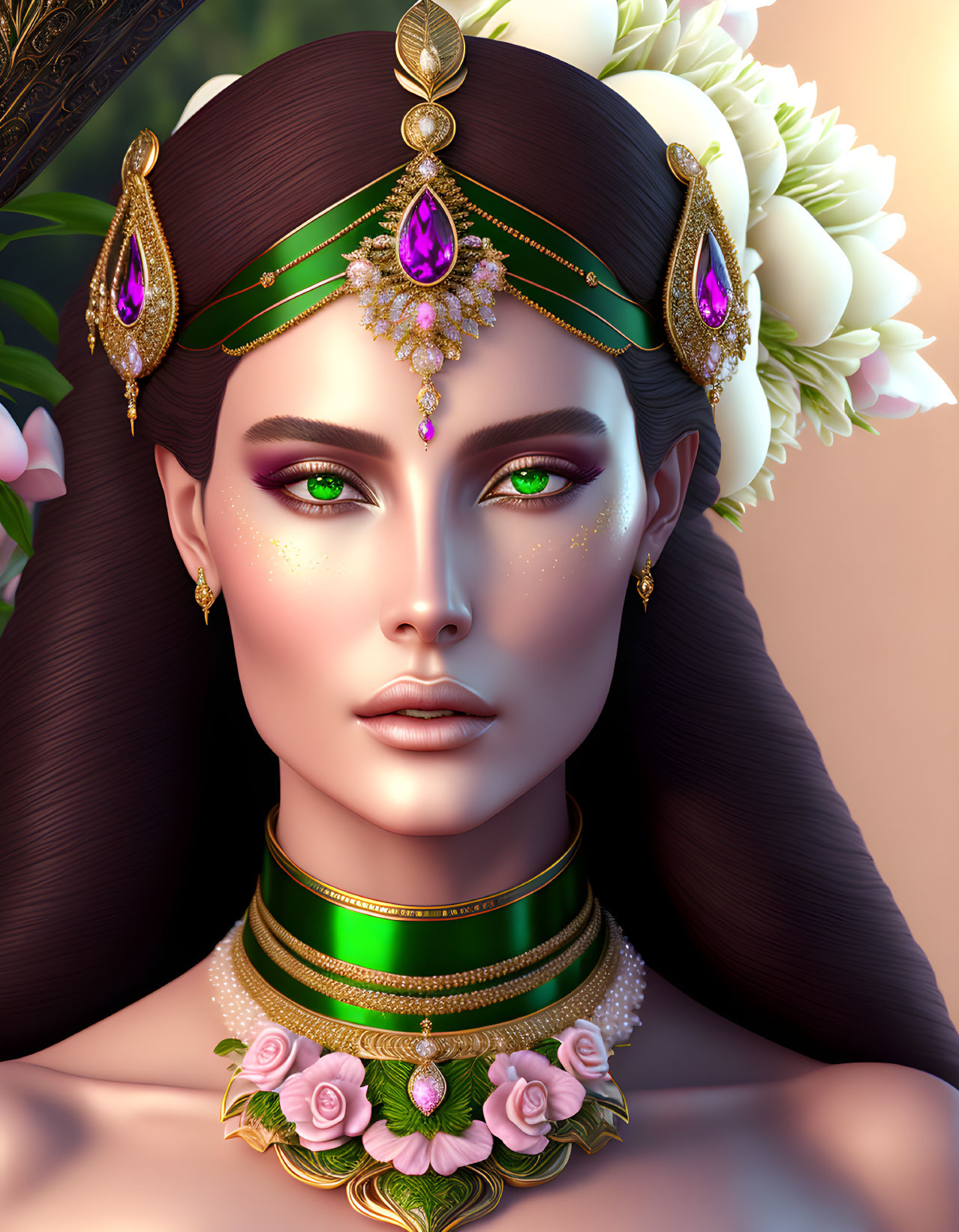 Digital Art Portrait of Woman with Bejeweled Headpiece & Floral Necklace