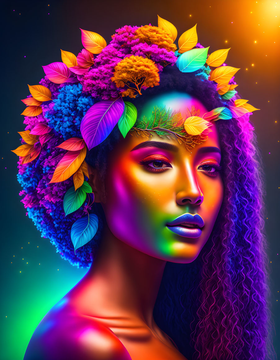 Colorful digital portrait of woman with neon colors, curly hair, flowers, and glowing skin tones on