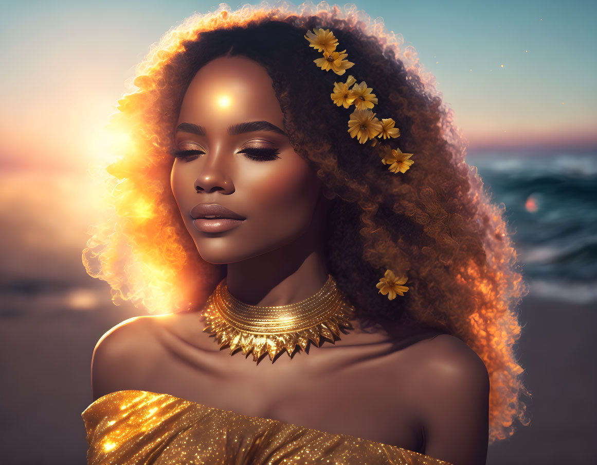 Curly-Haired Woman in Golden Dress with Yellow Flowers by the Sea at Sunset