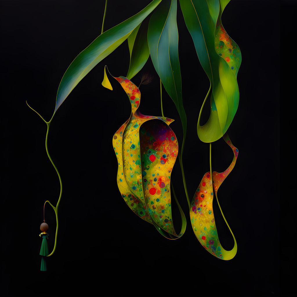 Abstract colorful plant-like shapes on black background with small figure