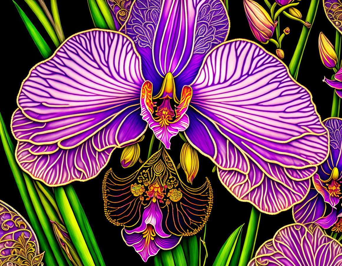 Detailed Purple Orchid Illustration on Dark Background