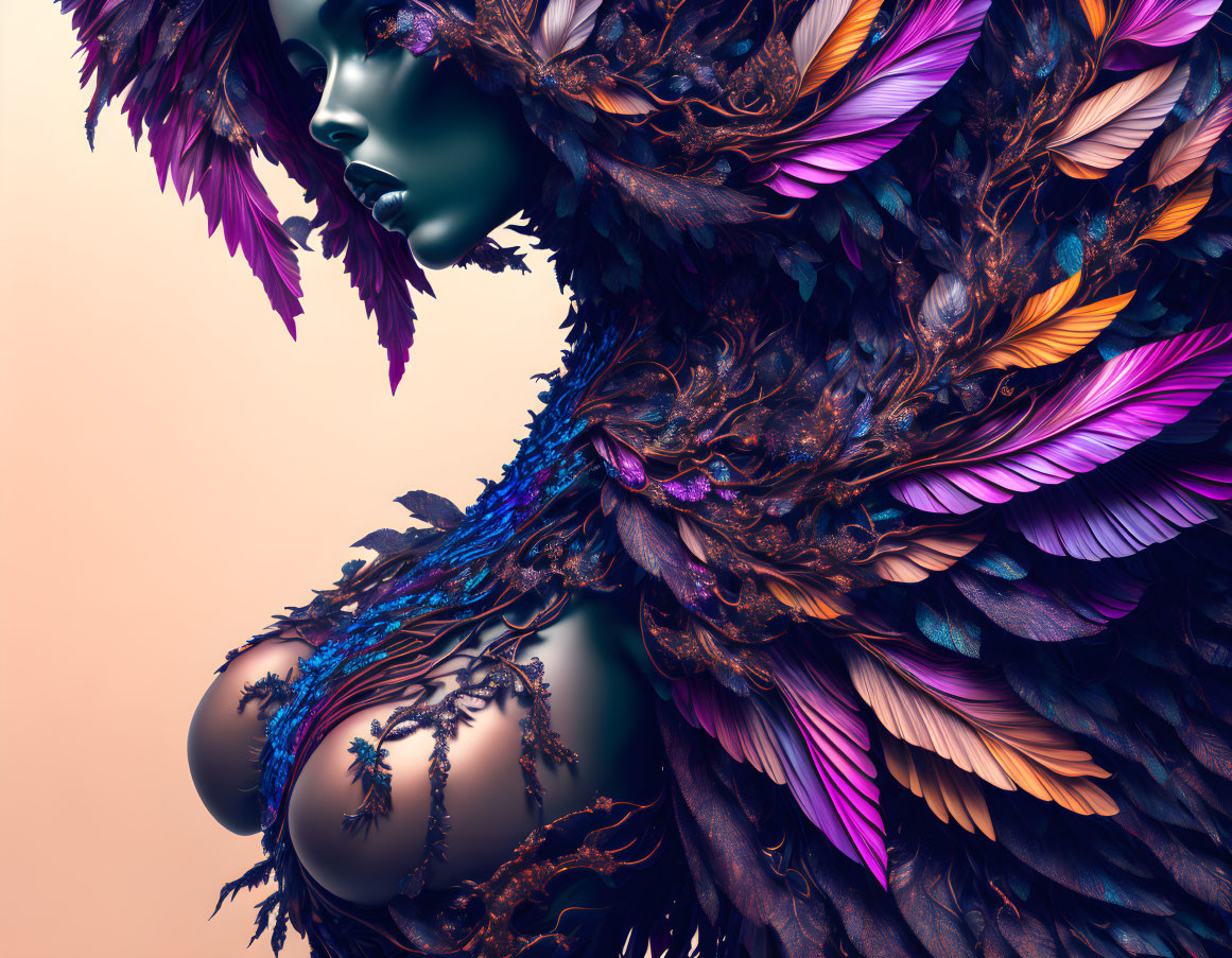 Colorful fantasy digital artwork featuring figure with multicolored feather embellishments