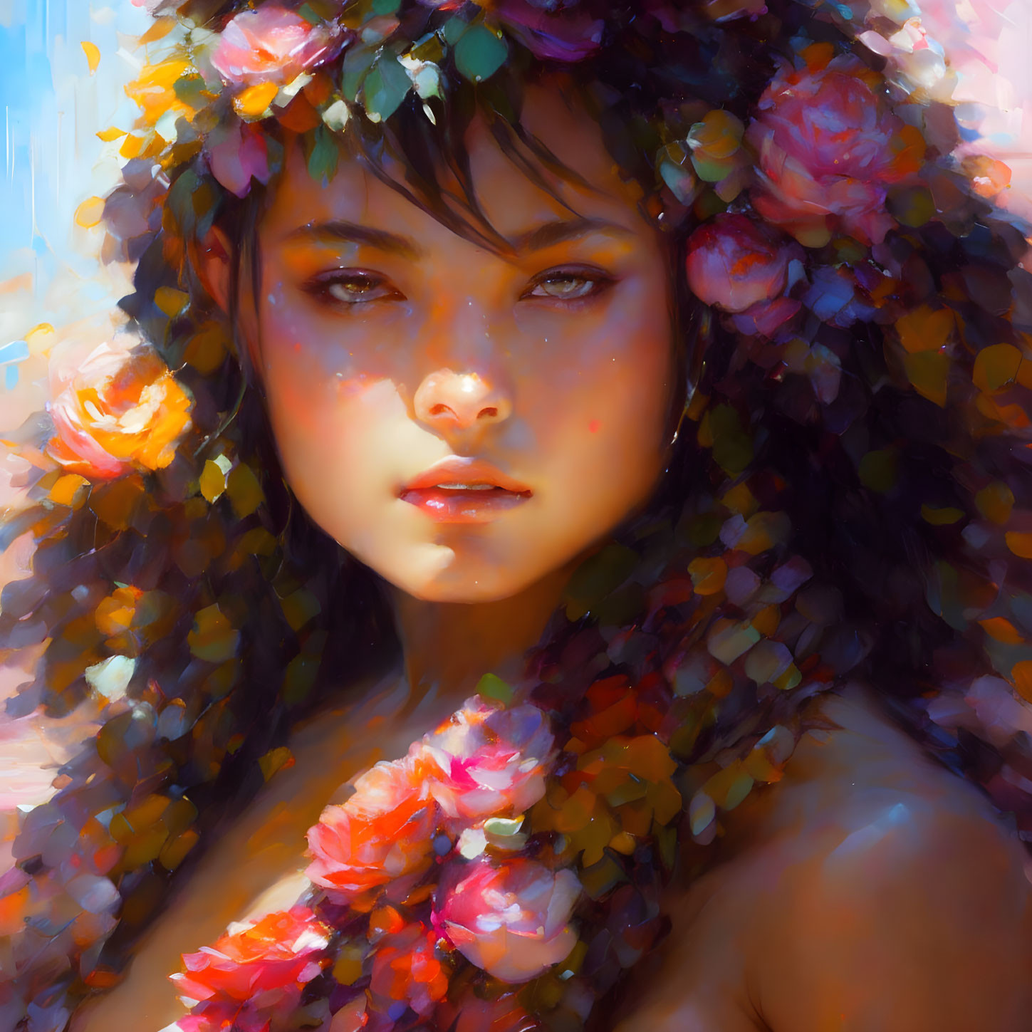 Close-Up Portrait of Person with Dark Hair and Vibrant Flowers Against Colorful Backdrop