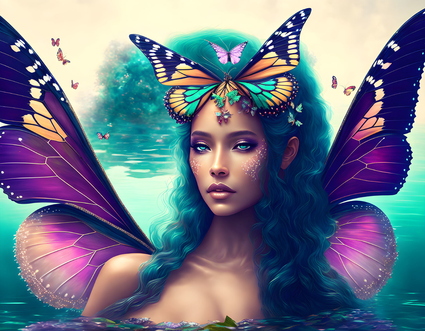 Fantasy illustration of woman with blue hair, butterfly wings, sparkling skin, surrounded by water and butterflies