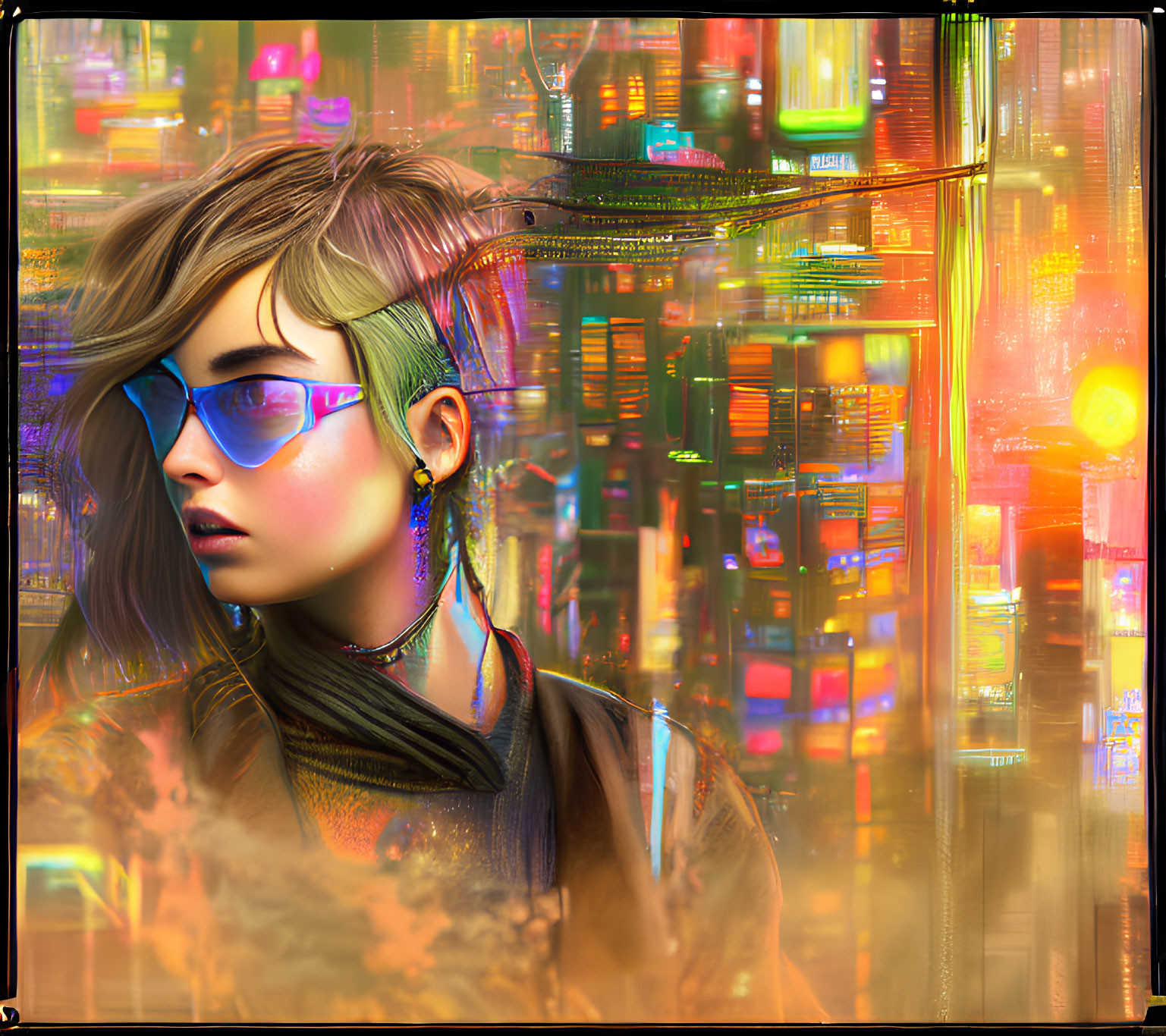 Person with Sunglasses and Undercut in Front of Futuristic Cityscape