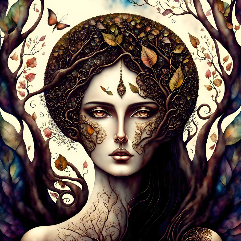 Woman's face with tree branch hair, leaves, and butterflies: Nature-themed artwork.