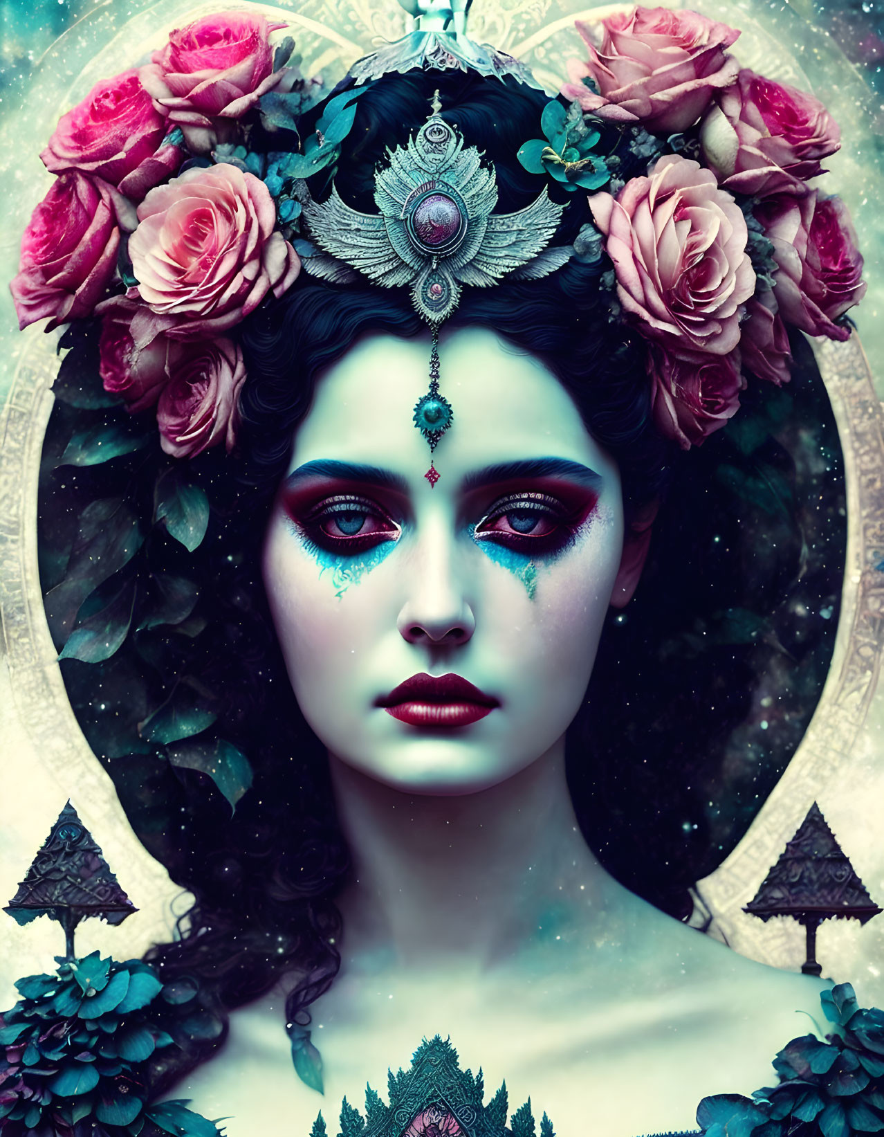 Surreal portrait of woman with floral headdress and cosmic makeup