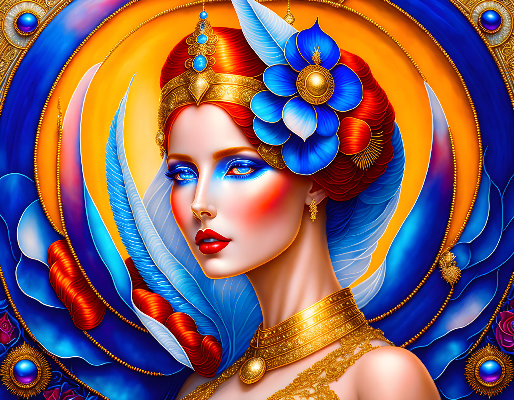 Colorful illustration of woman with blue skin and golden jewelry in front of stylized feathers on vibrant background