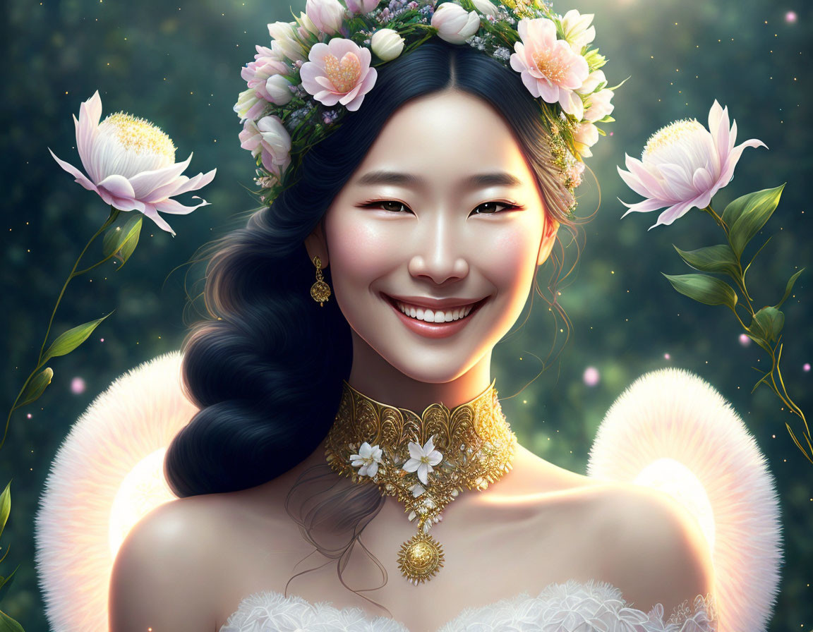 Smiling woman with floral crown in shimmering light