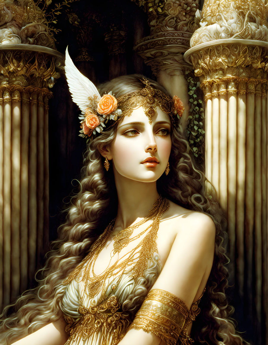 Detailed illustration of a woman with long wavy hair and winged headpiece against classical columns