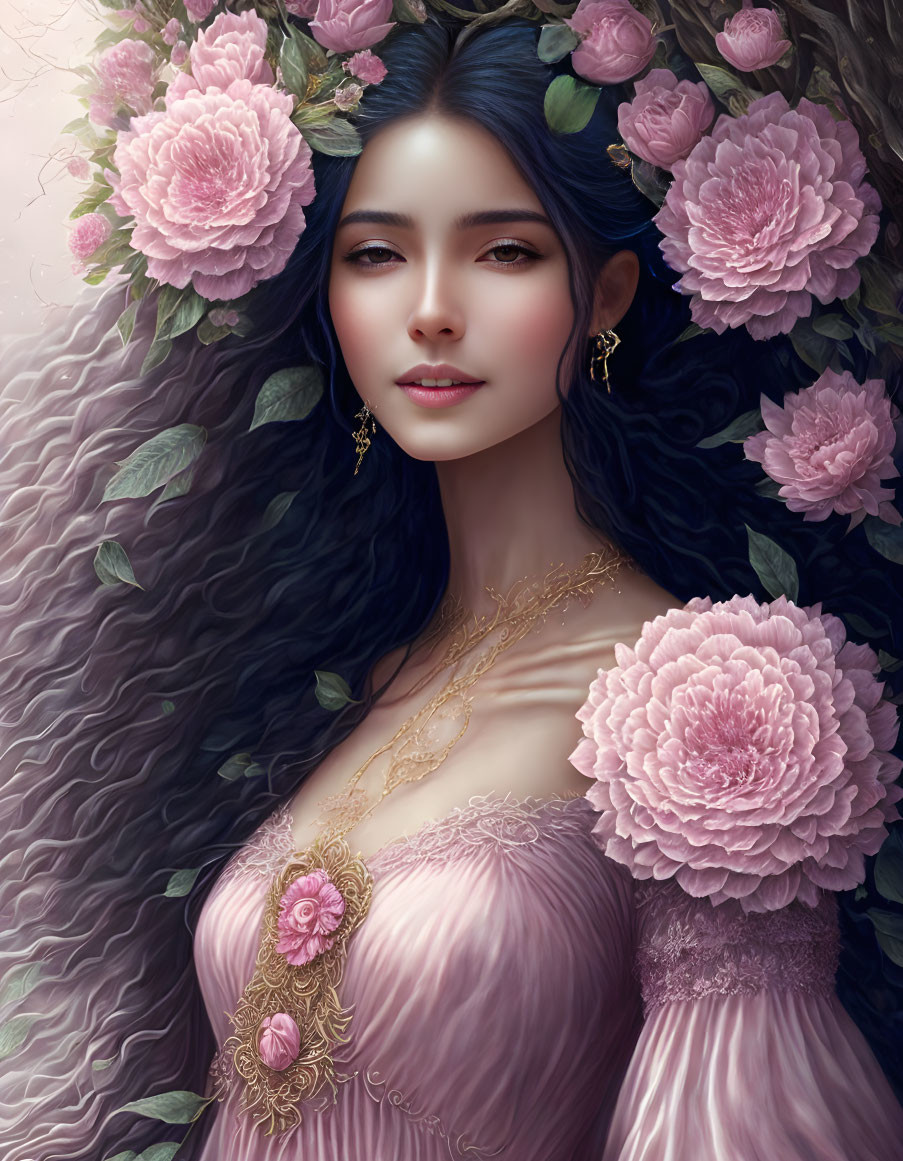 Digital portrait of woman with dark hair, pink roses, blush dress, and gold jewelry