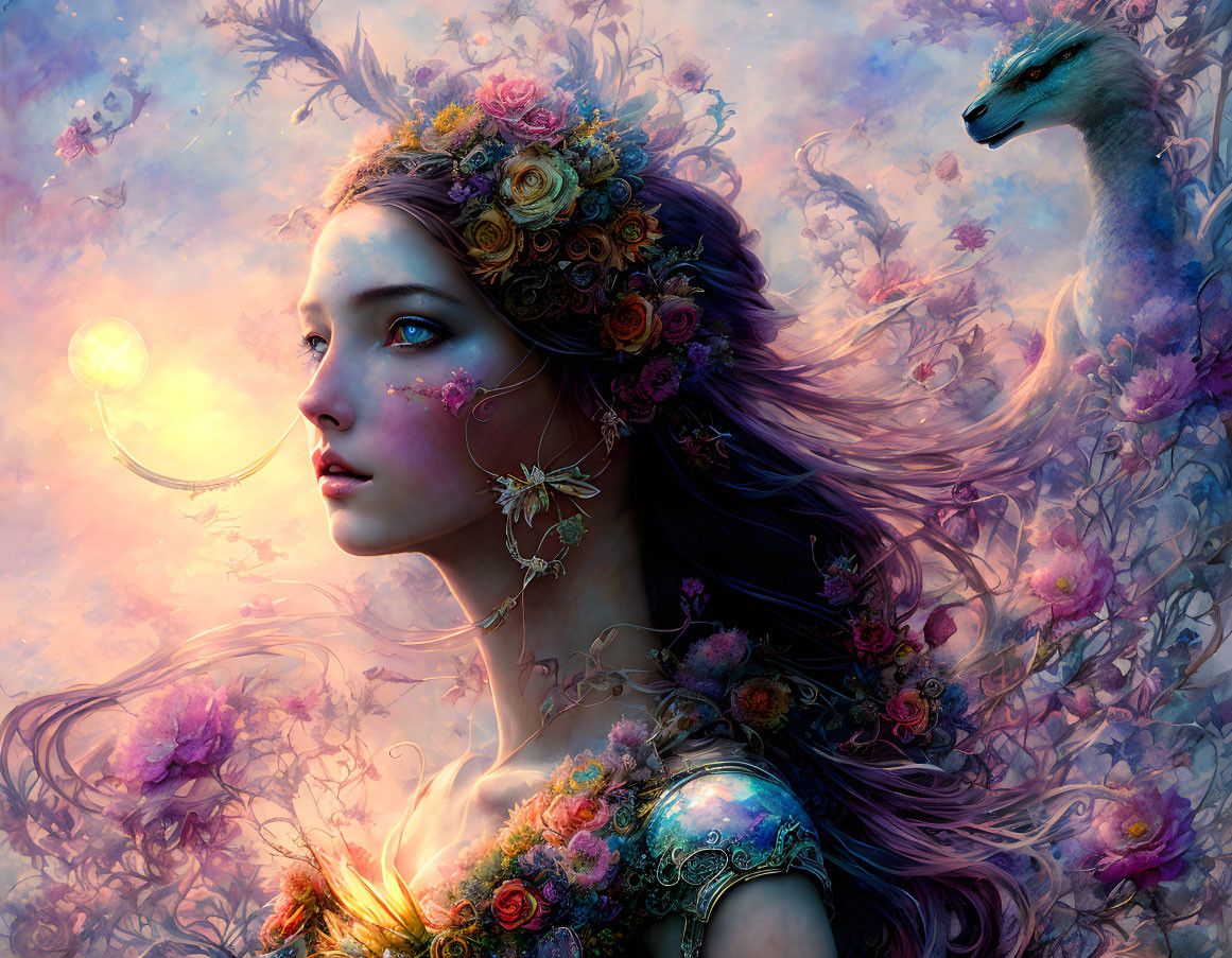 Fantastical portrait of woman with floral headwear and peacock in whimsical setting