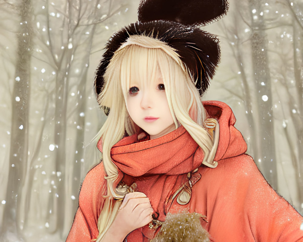 Blonde Woman in Orange Coat in Snowy Forest