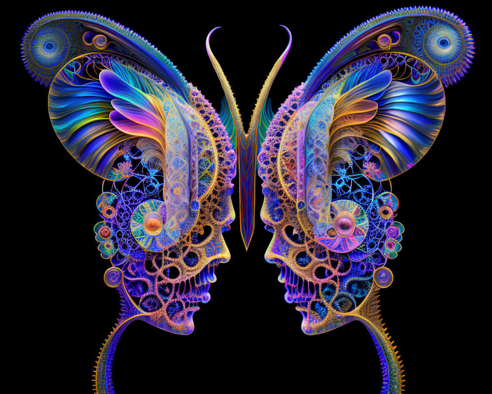 Symmetrical Fractal Artwork: Butterfly-Winged Skulls in Blues and Oranges