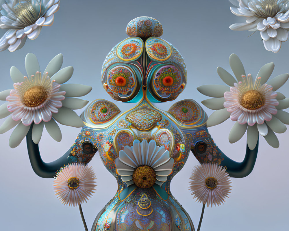 Symmetrical ornamental humanoid with floral patterns on soft background