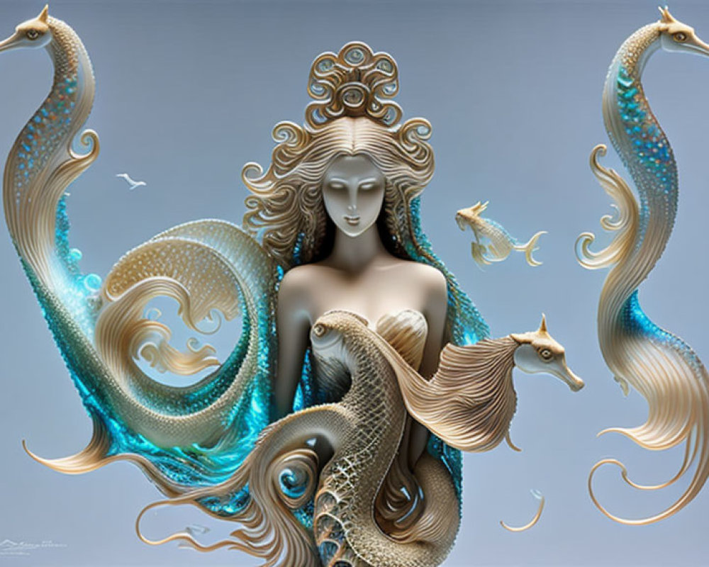 Surreal artwork of woman with seashell hair and marine creatures