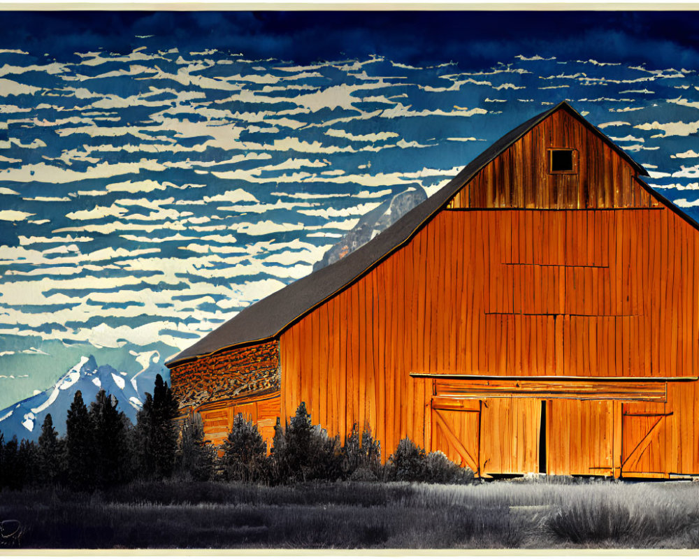 Rustic red barn with slanted roof against mountain backdrop and vibrant sky.