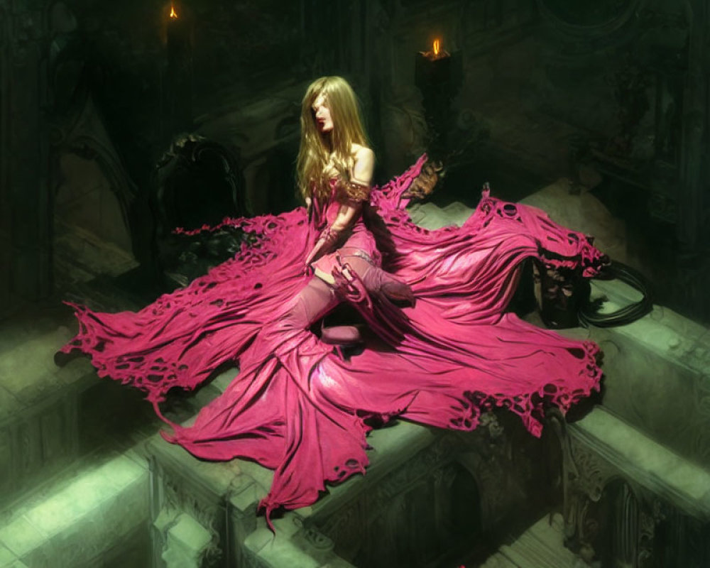 Woman in elaborate red dress on gothic throne in candle-lit chamber