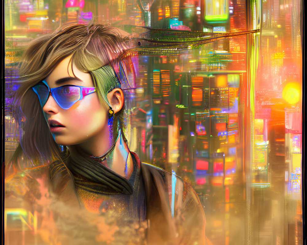 Person with Sunglasses and Undercut in Front of Futuristic Cityscape