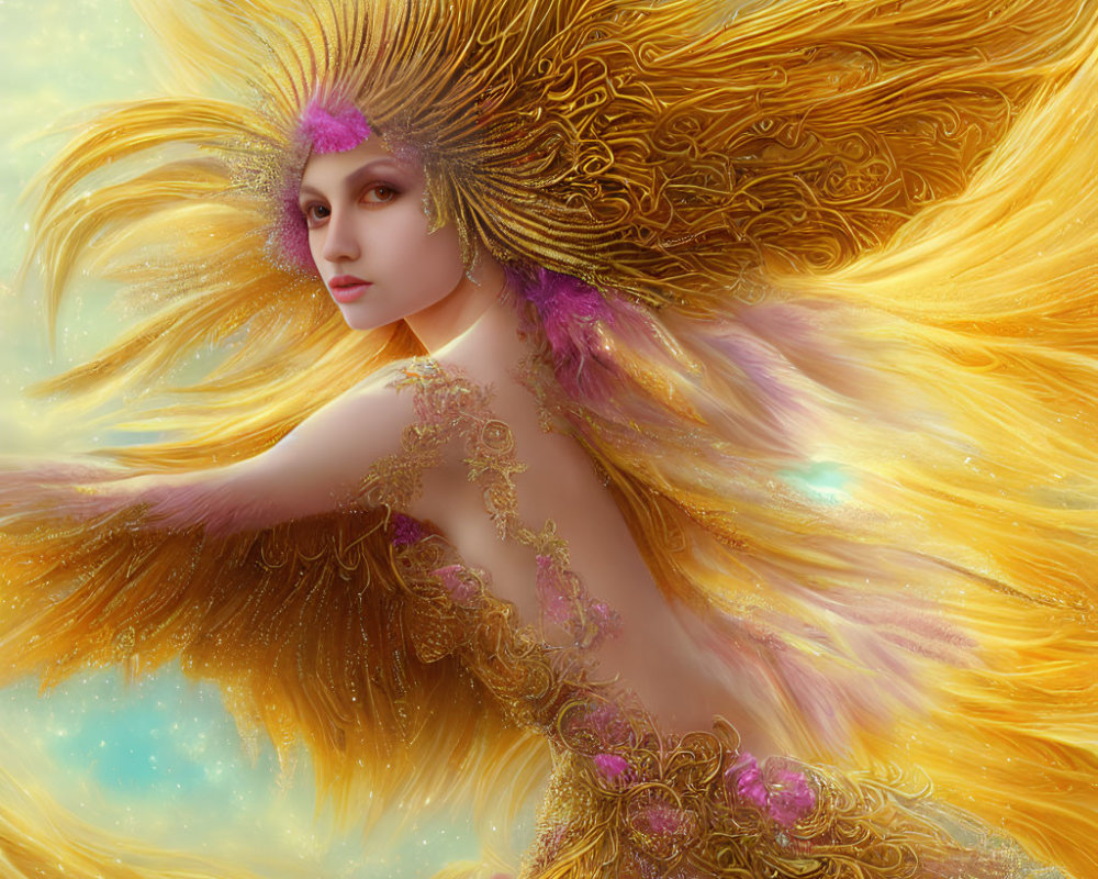 Vibrant golden plumage on female figure in dreamy background