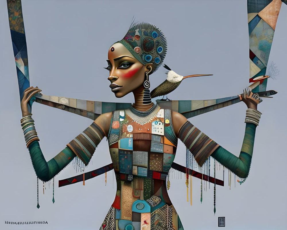 Digital artwork of woman with patchwork skin and tribal jewelry.