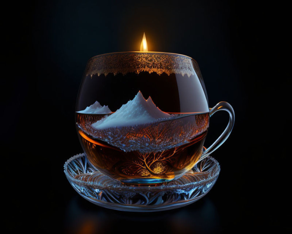 Glass Cup with Mountain Landscape and Lit Candle Creating Serene Ambiance