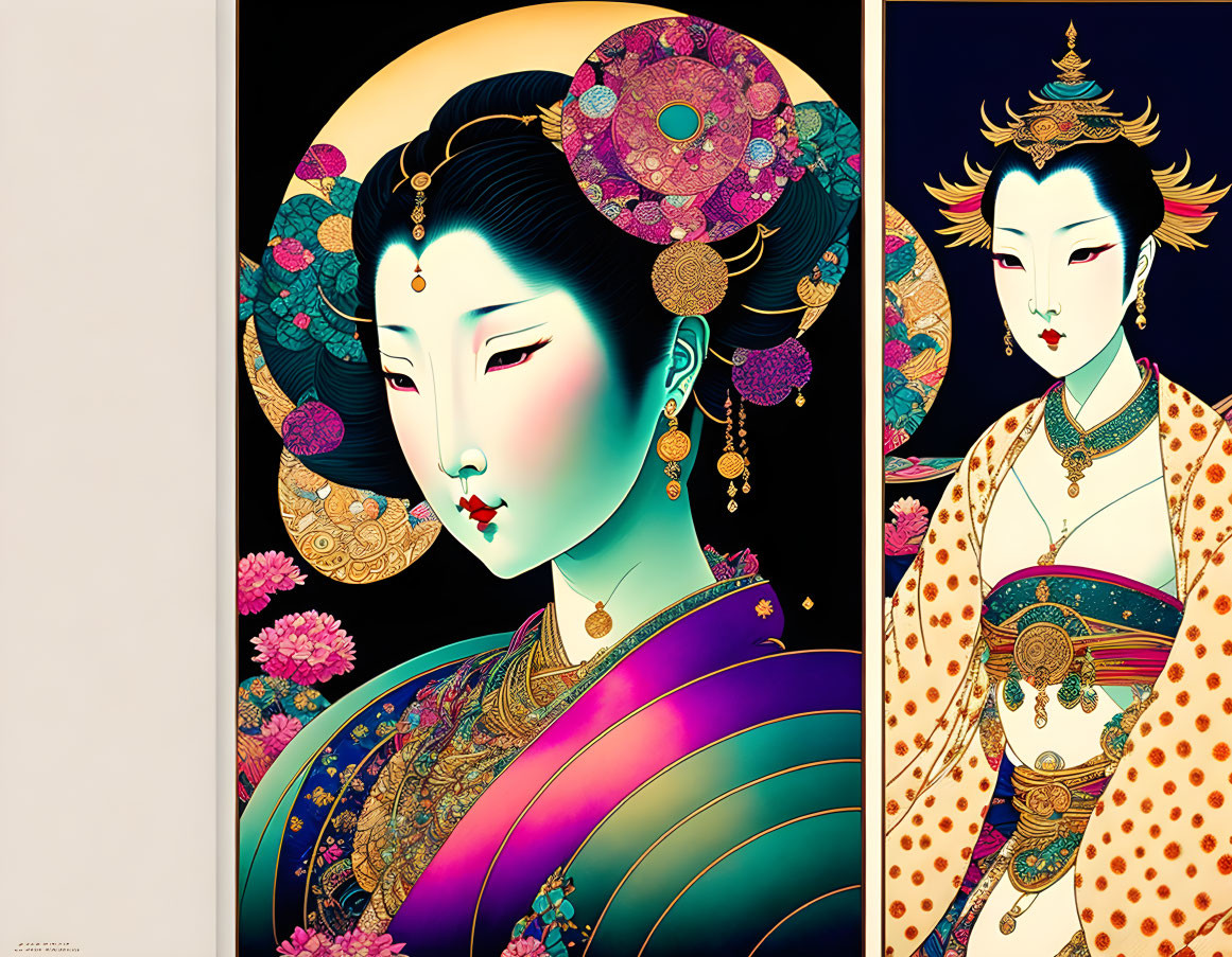 Colorful Artwork of Geishas in Traditional Clothing