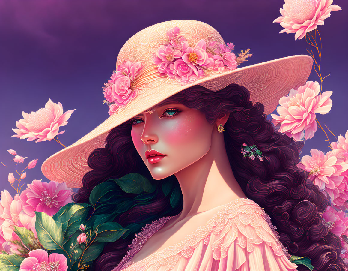 Illustration of woman with long hair, blue eyes, wide-brimmed hat, surrounded by pink