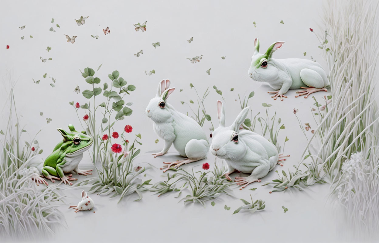 Whimsical illustration featuring white rabbits, a green frog, grass, flowers, and butterflies