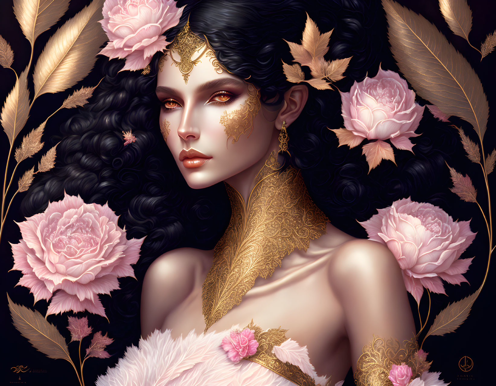 Dark-haired woman with gold jewelry and pink roses on black background