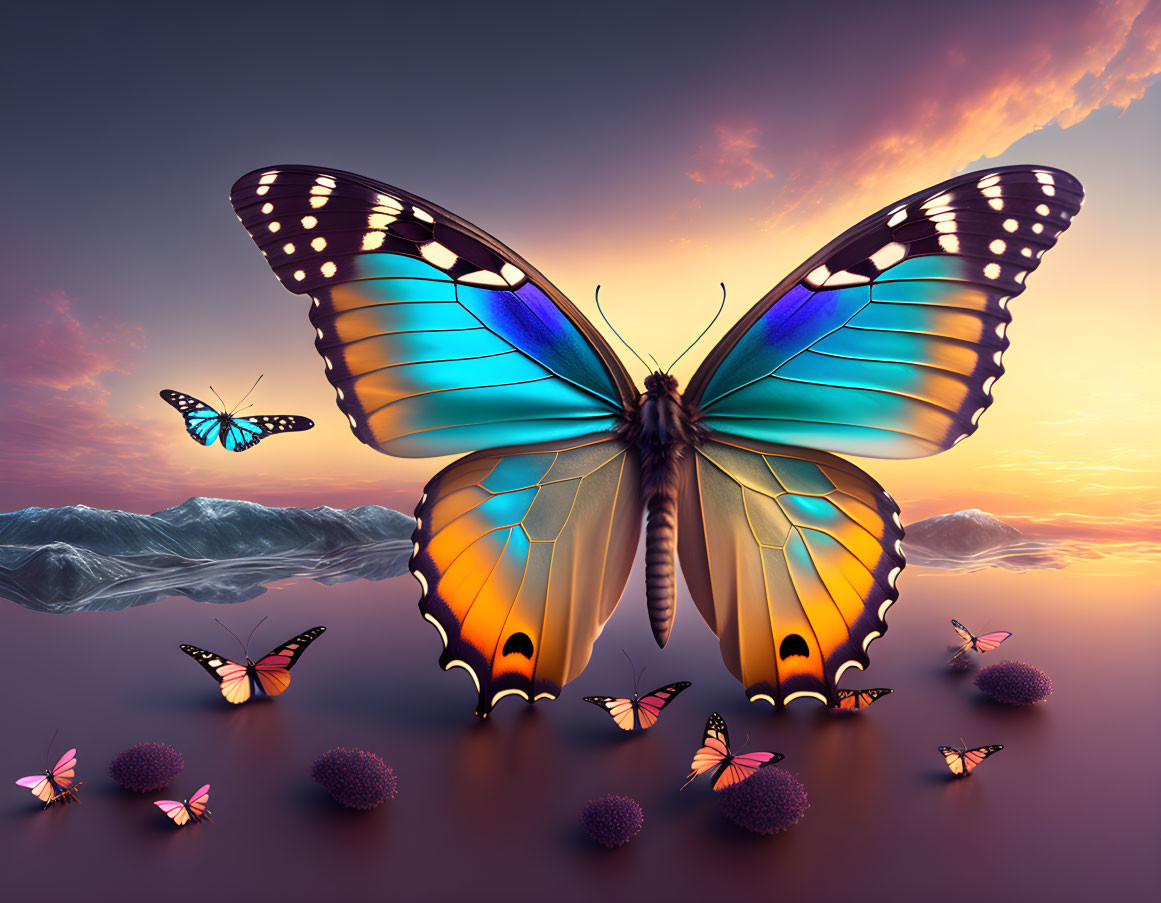 Colorful butterflies over purple clouds and water at sunset