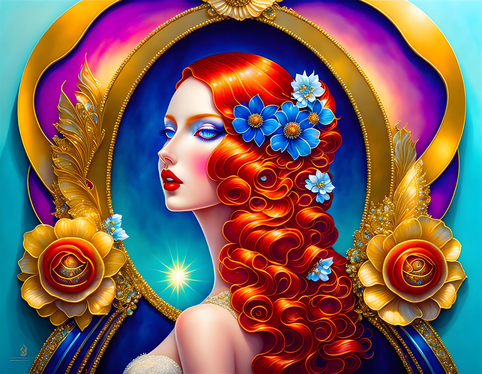 Vivid red-haired woman with blue flowers on golden-blue ornate backdrop