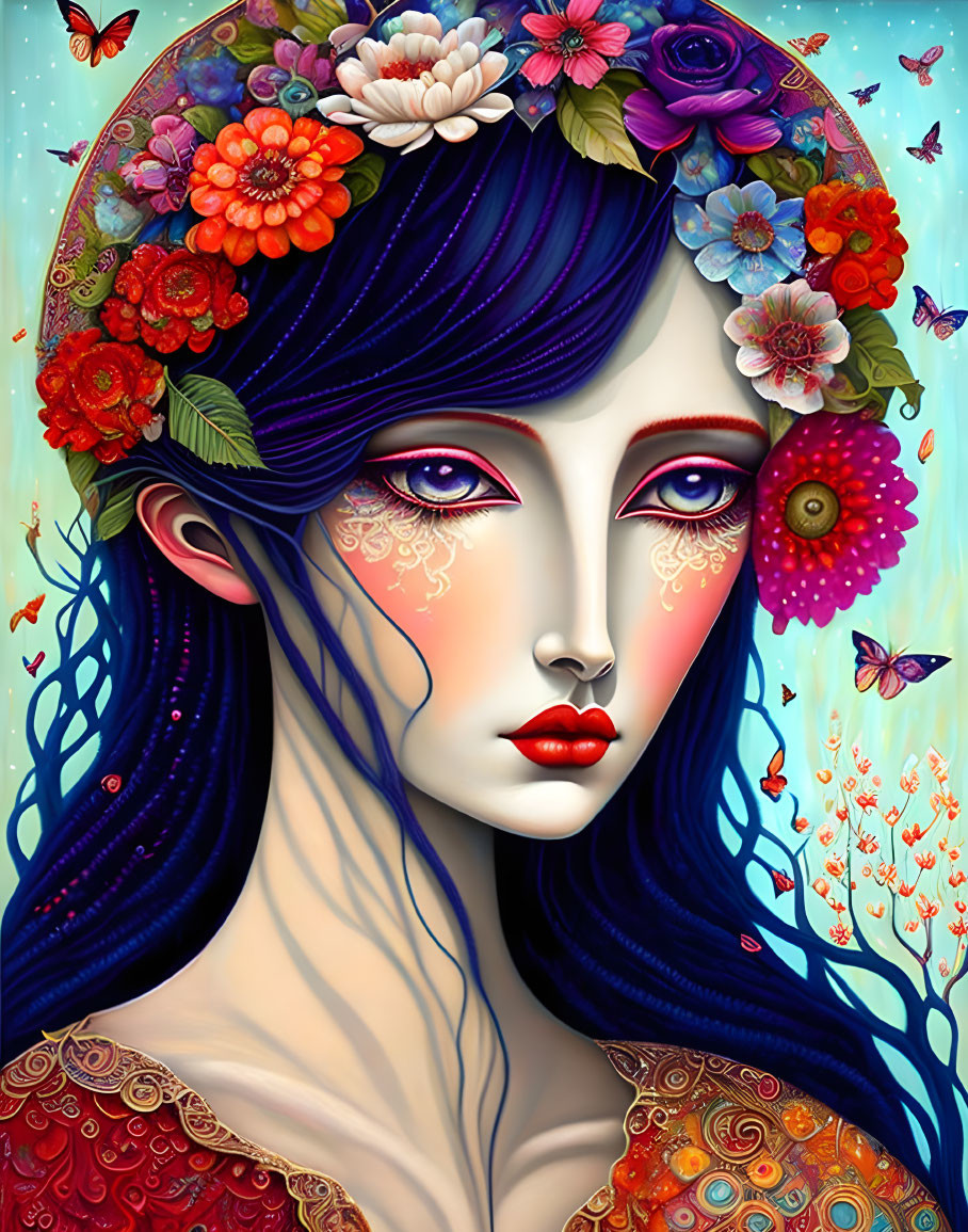 Colorful Woman Illustration with Blue Hair and Floral Motifs