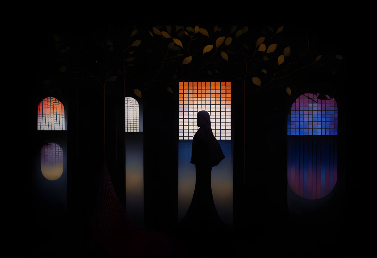 Silhouette of person by colorful mosaic window and trees