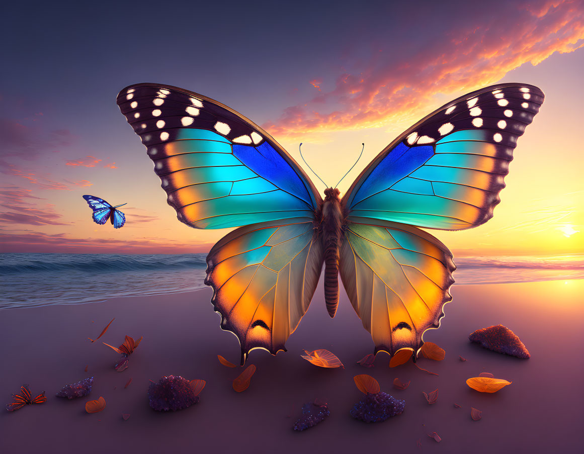 Colorful Butterfly on Beach at Sunset with Seashells