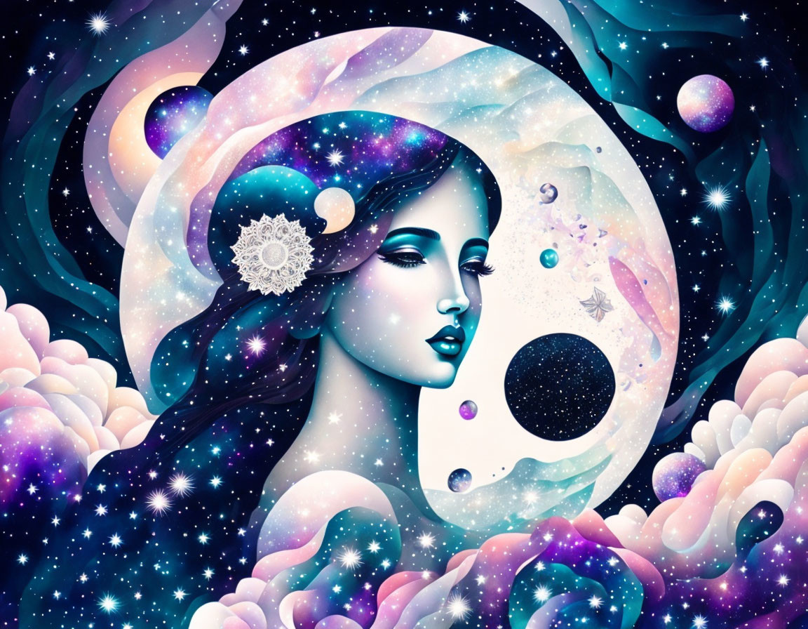 Surreal woman blending with cosmic elements in vibrant illustration