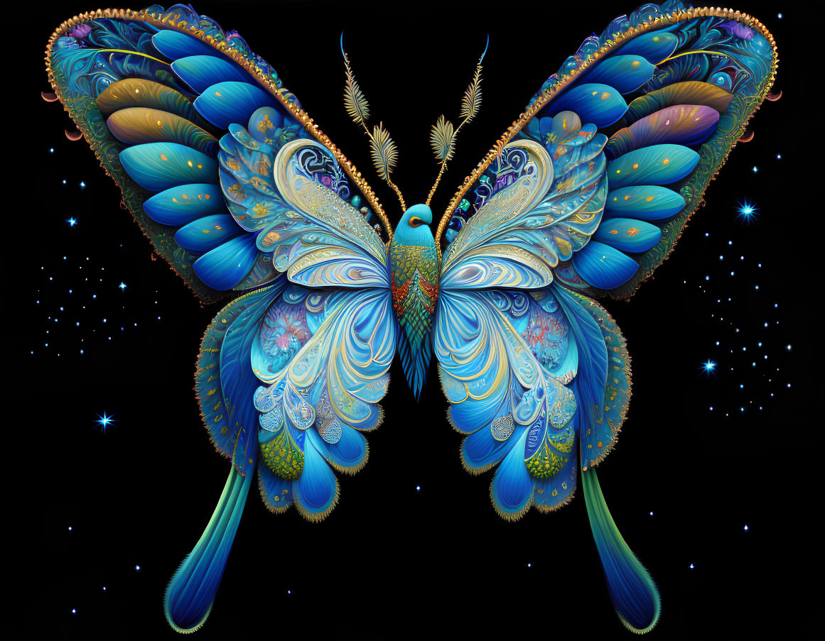 Colorful butterfly digital art with intricate blue and peacock feather wings on starry background