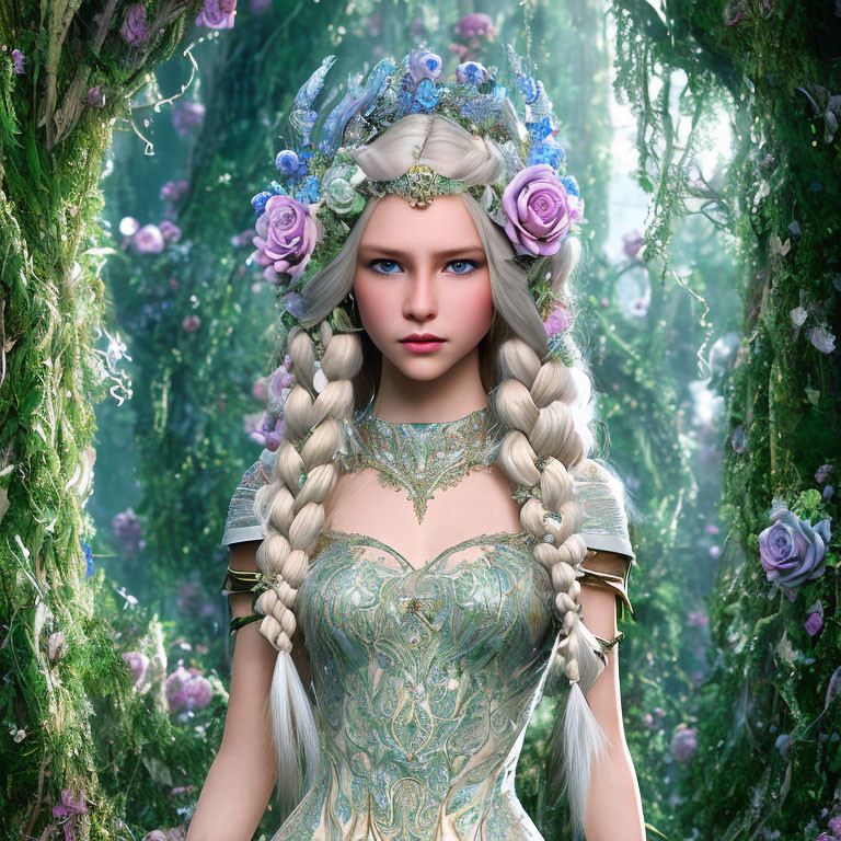 Fantasy elf woman with braided hair in green dress in enchanted forest