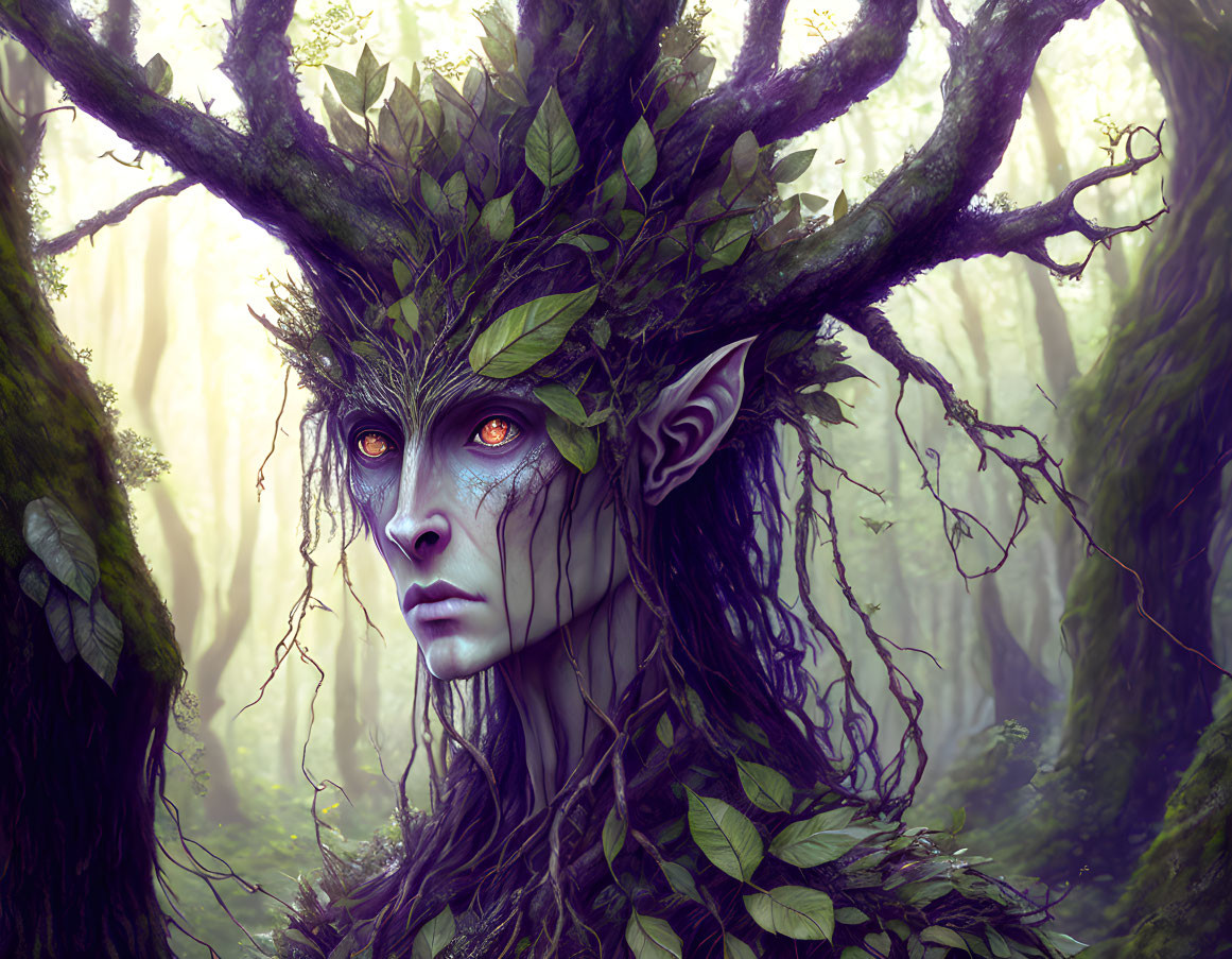 Forest spirit with sharp features in mystical woodland.